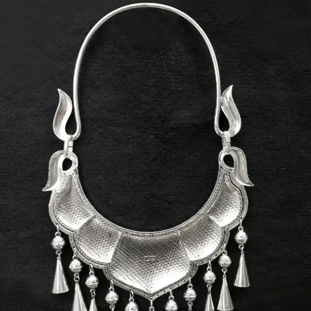 Ethnic Tribal Embroidered Rose Silver Necklace | Tibetan Charm Pendant Bells - Picture 4 of 4